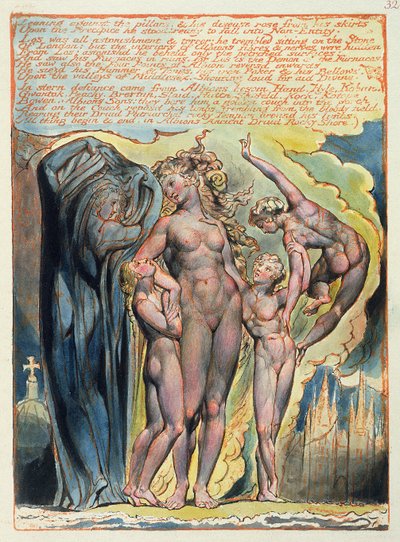 "Encostado aos Pilares ...", placa 32 de "Jerusalém", 1804-20 (gravura em relevo impressa em laranja com caneta e wc sobre papel) de William Blake